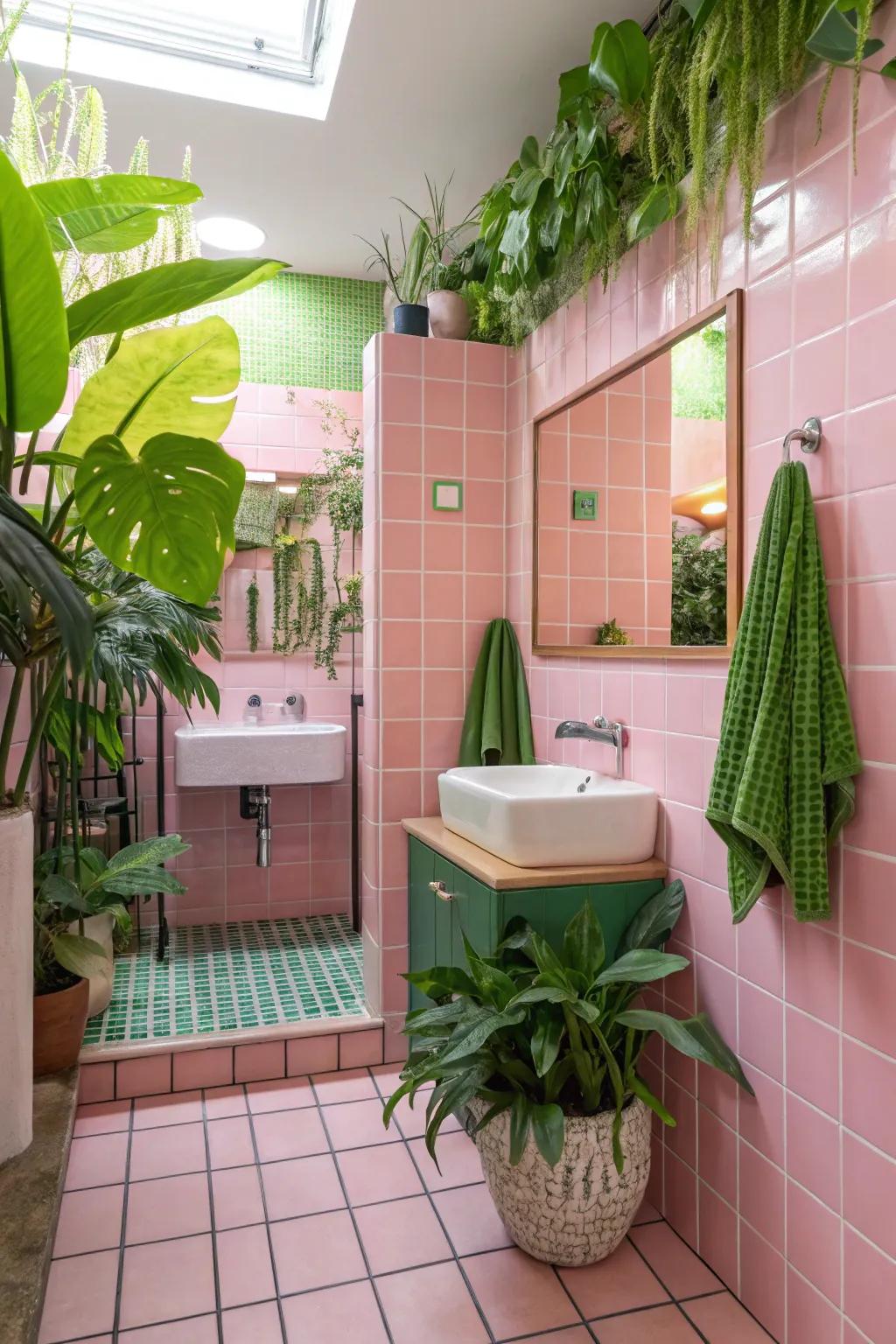 Pink tiles and green things looking vibrant together.