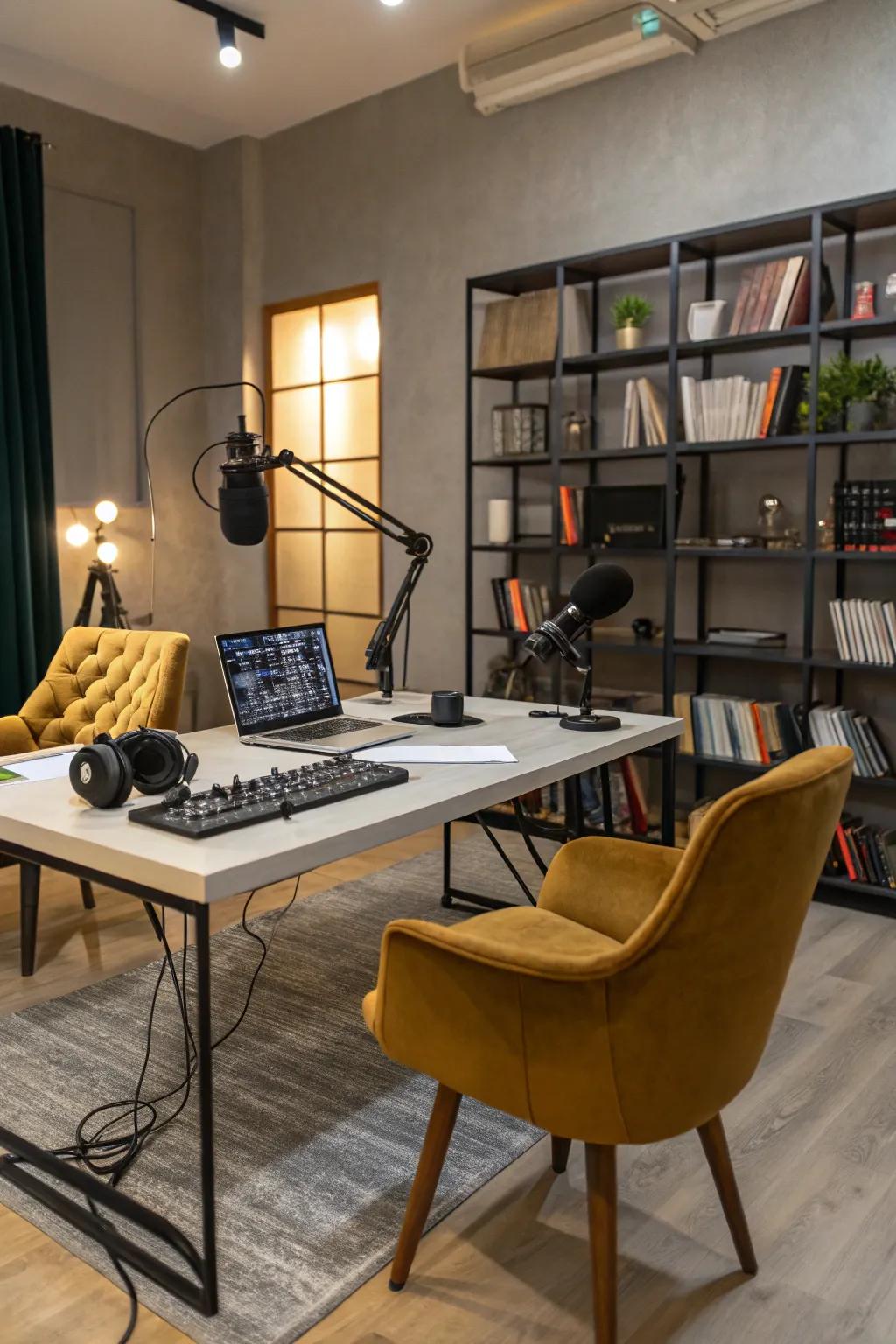 A podcast studio blending vintage and modern styles.