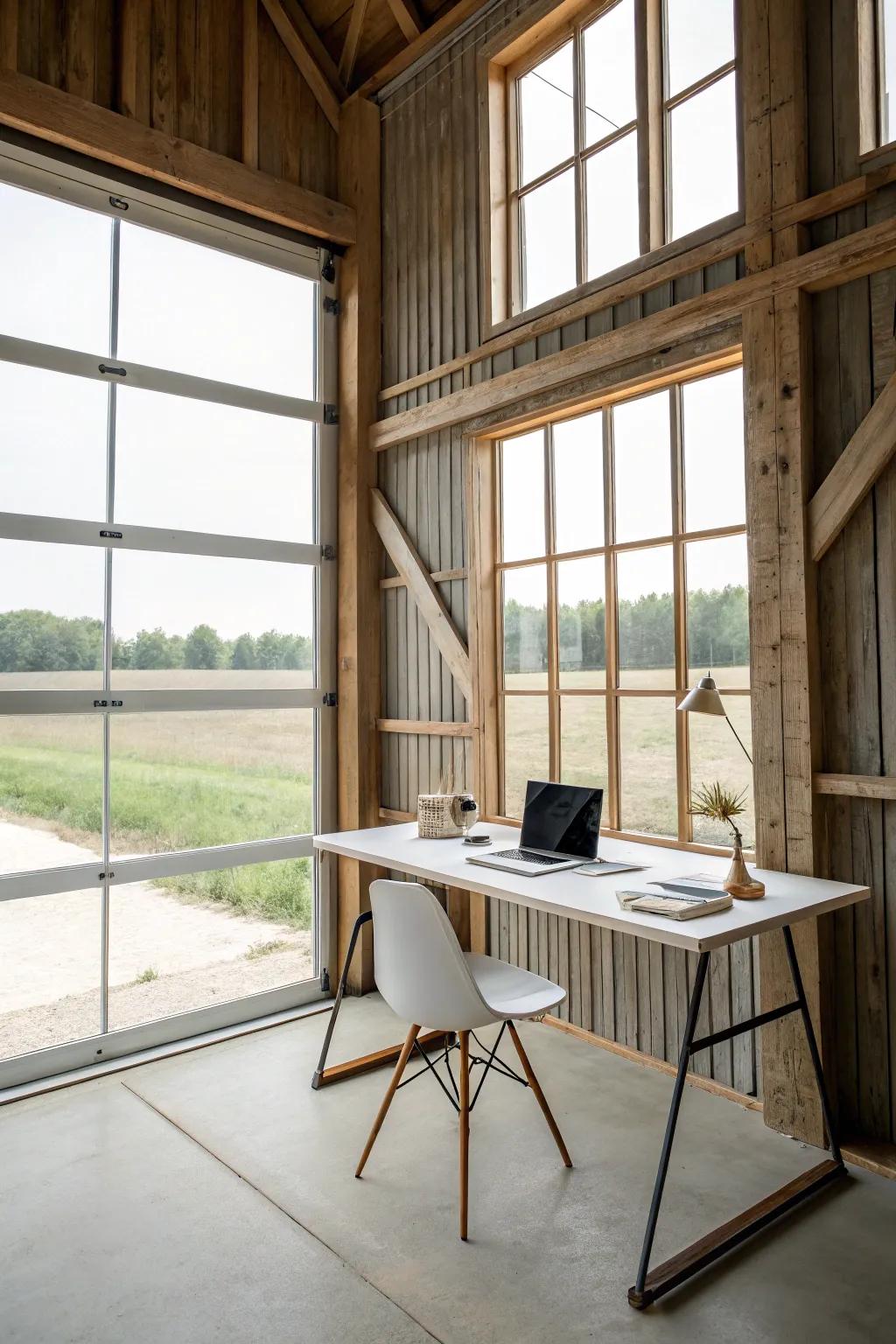 A pure office inside a pole barn, featuring a simple desk and natural light.