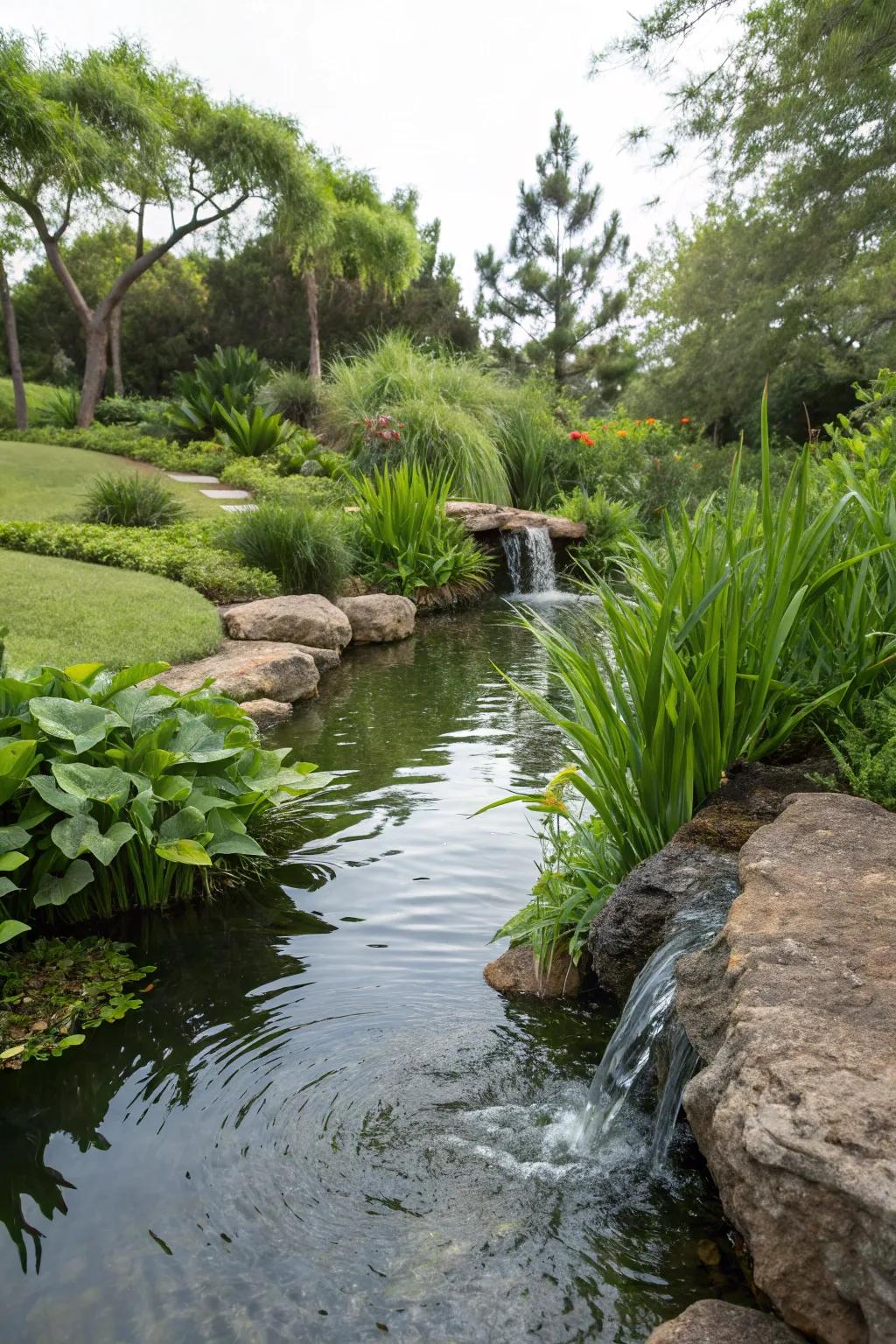 Trickling streams connect different parts of the pond, creating soothing sounds.