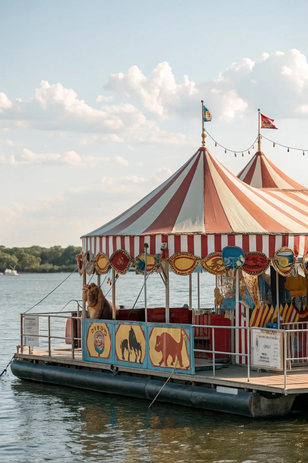 A classic theater-themed pontoon boat filled with amusement and excitement.