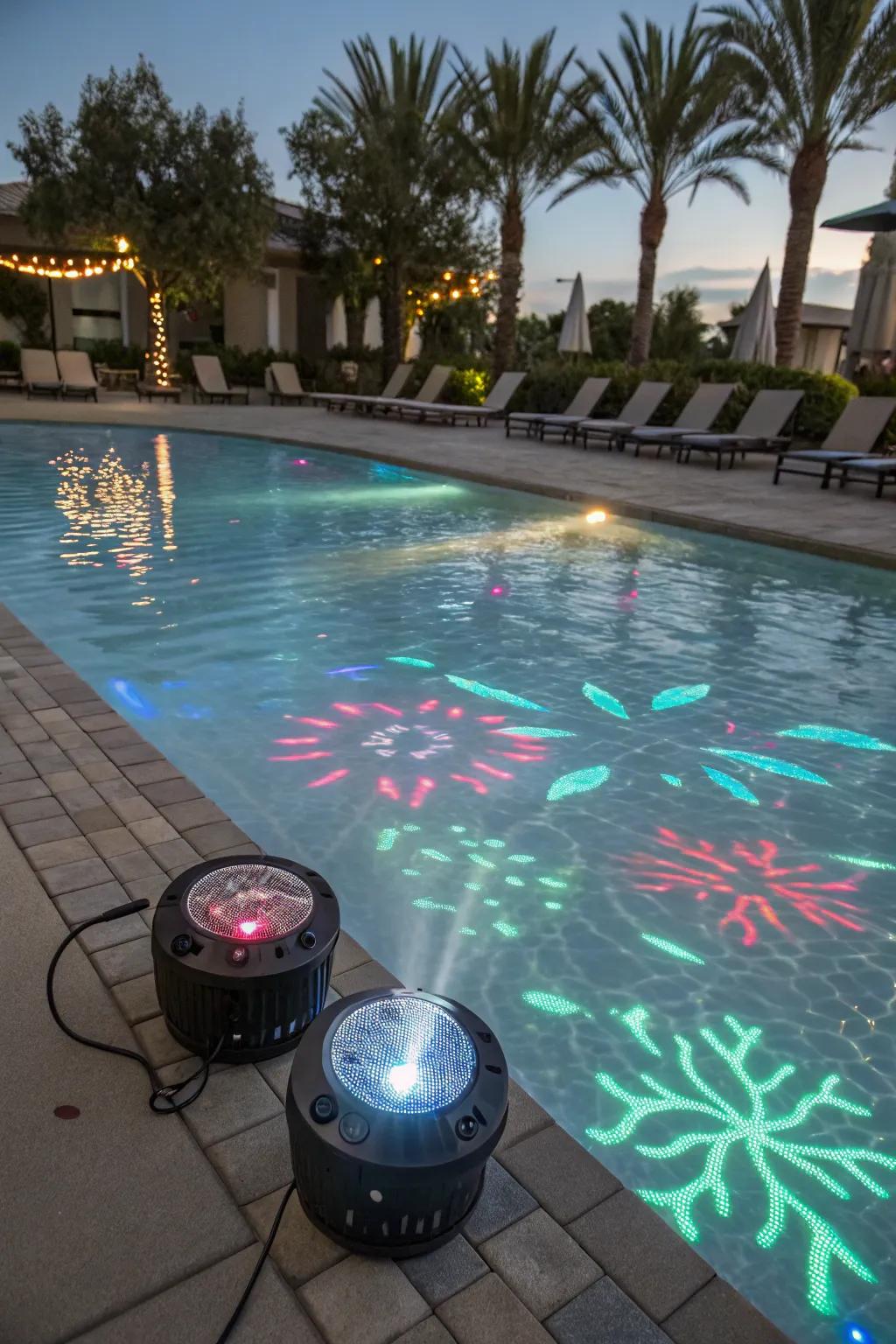 LED projectors build a vibrant visual showcase along the pool's top.