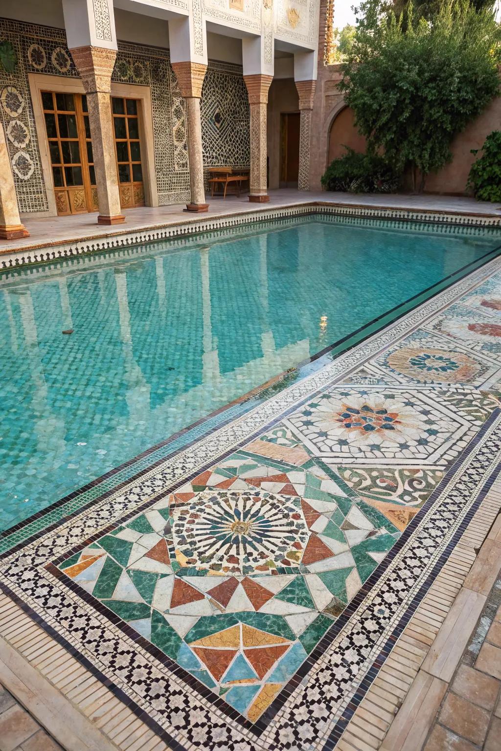 A pool featuring a beautiful mosaic tile design.