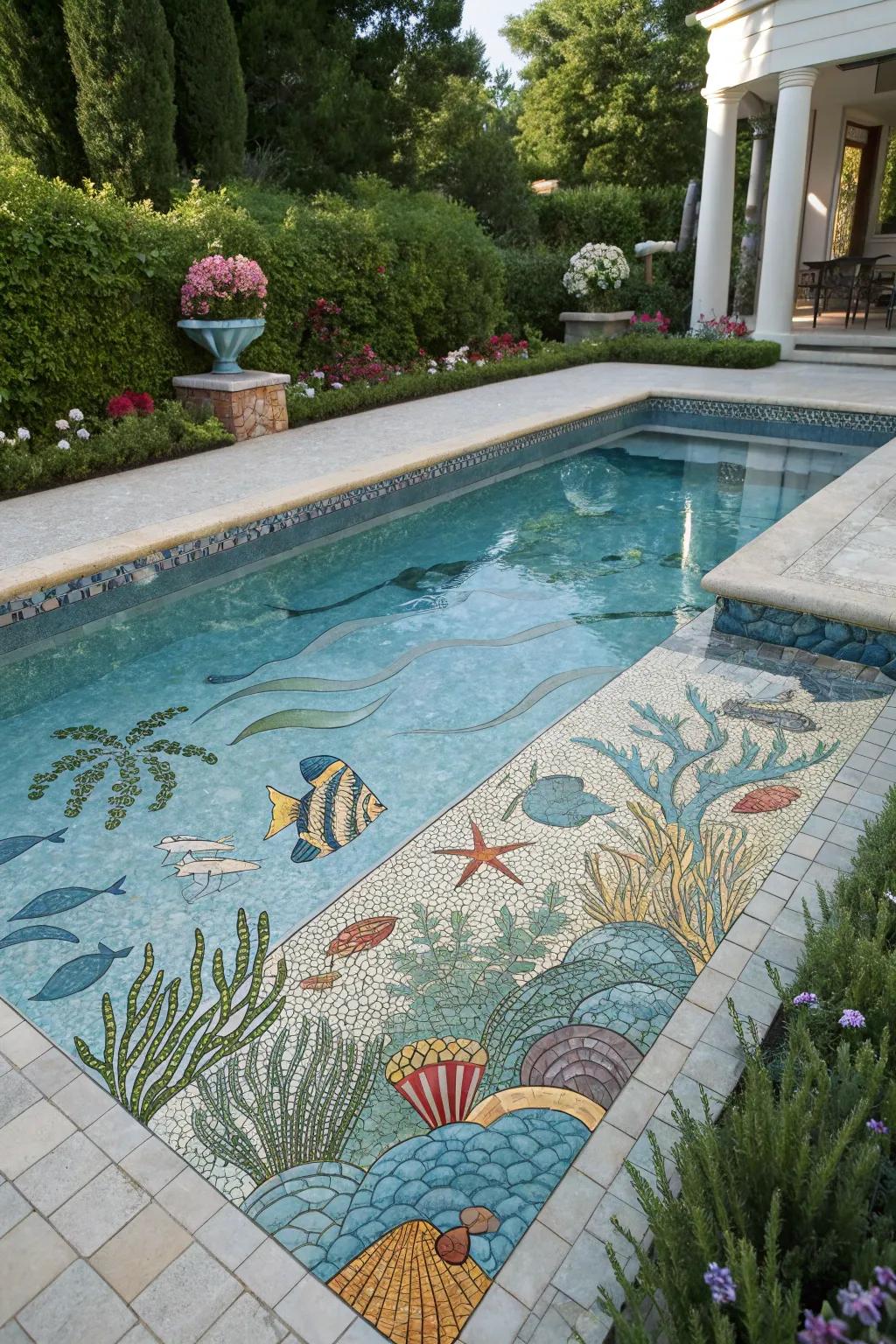 Custom mosaic art transforms your pool into a captivating work of art.