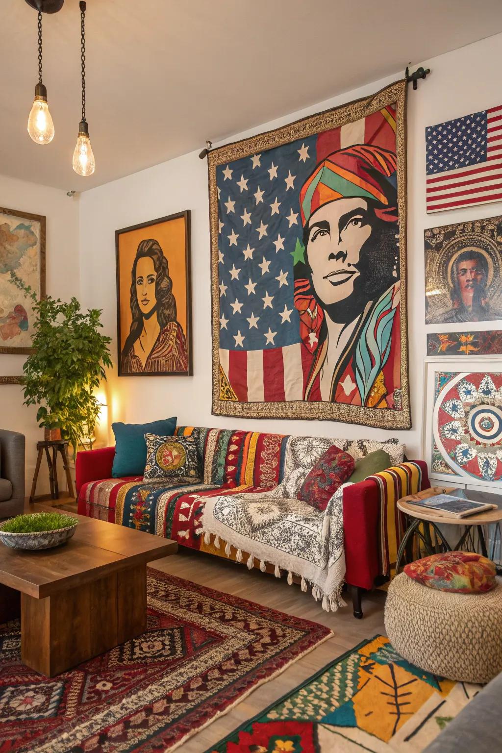A distinctive pop art painting featuring a cultural fusion in a bohemian setting.