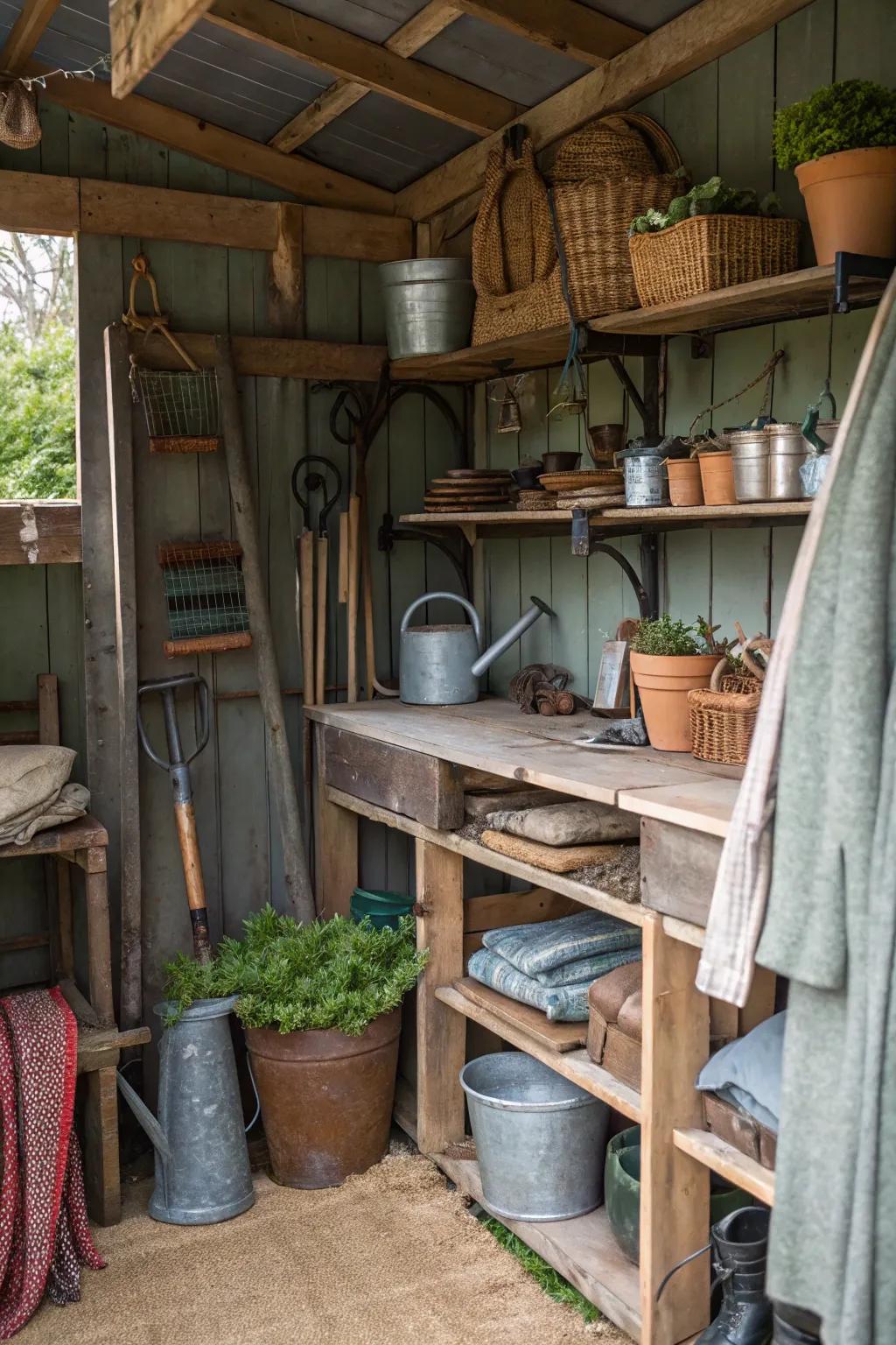 A potting shed presenting a combination of textures for visual attention.