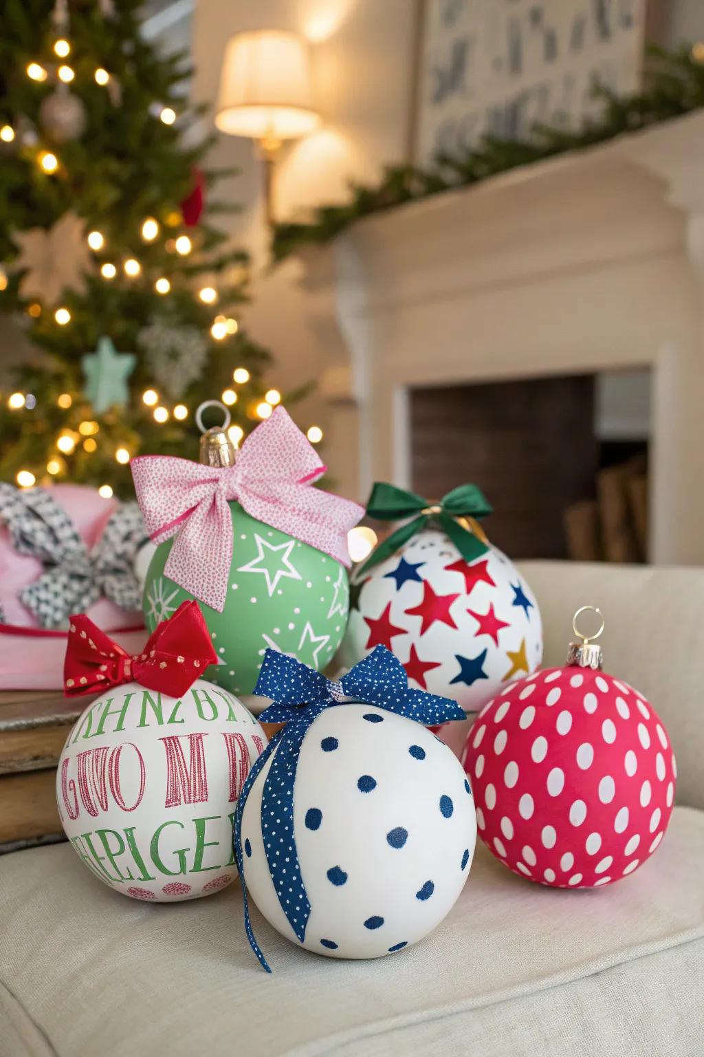 A diverse collection of preppy Christmas baubles.