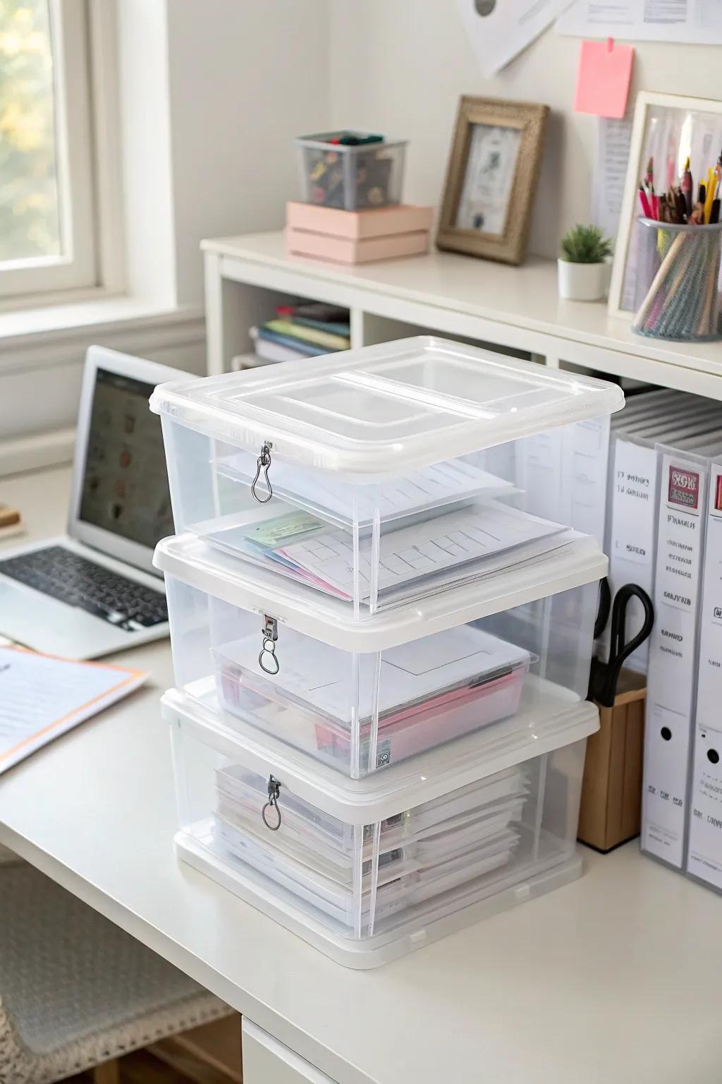 Transparent storage boxes provide visible and protective paper storage.