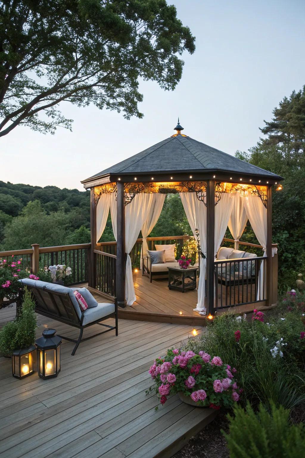 A snug summerhouse offers seclusion and an intimate setting on a deck.