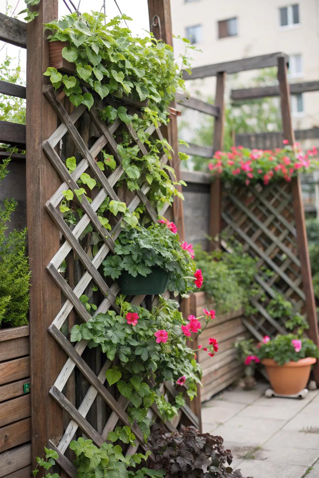 Add depth and privacy through a layered trellis setup.