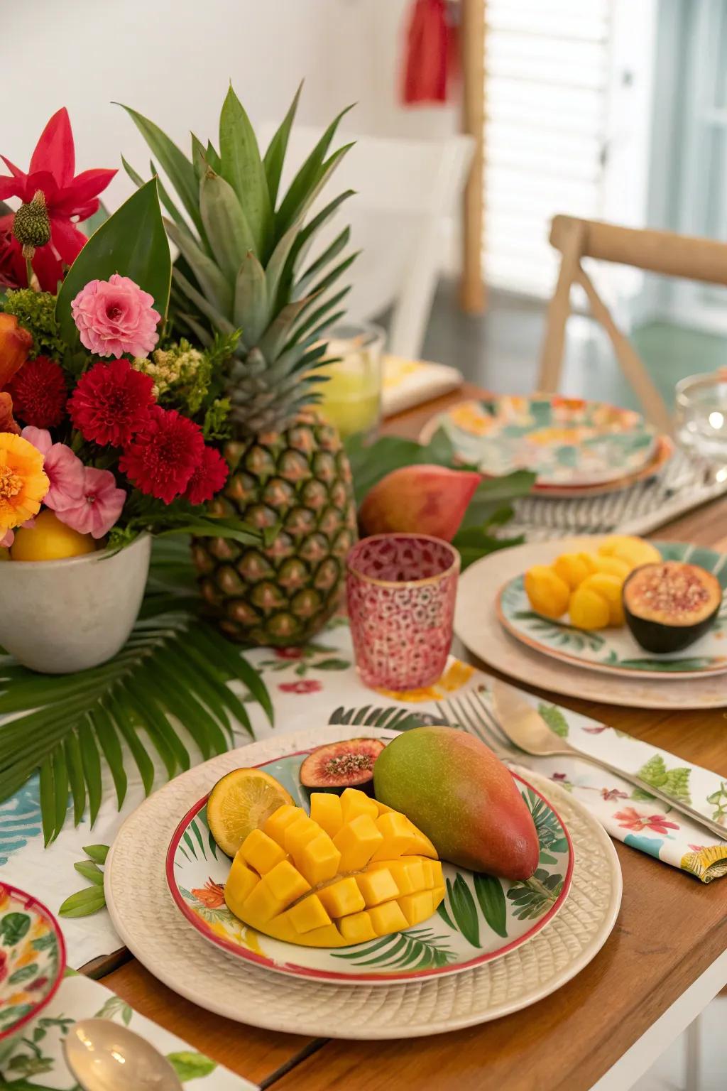 A dining table with tropical-themed décor, showcasing exotic fruits and bright colors.