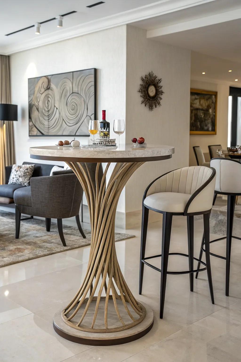 Art meets function with sculptural standing-height tables.