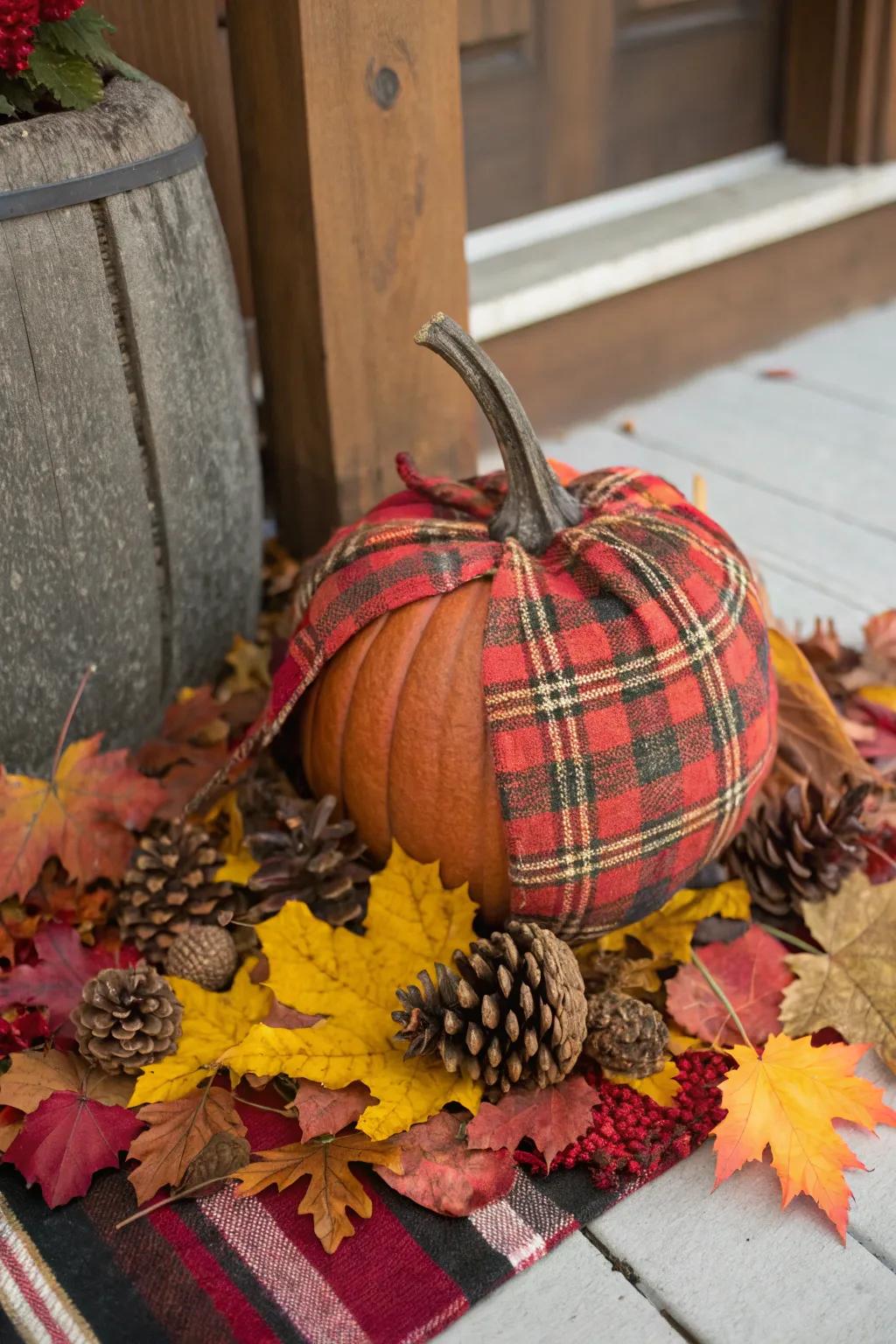 Checkered-shrouded pumpkins deliver warmth and style.