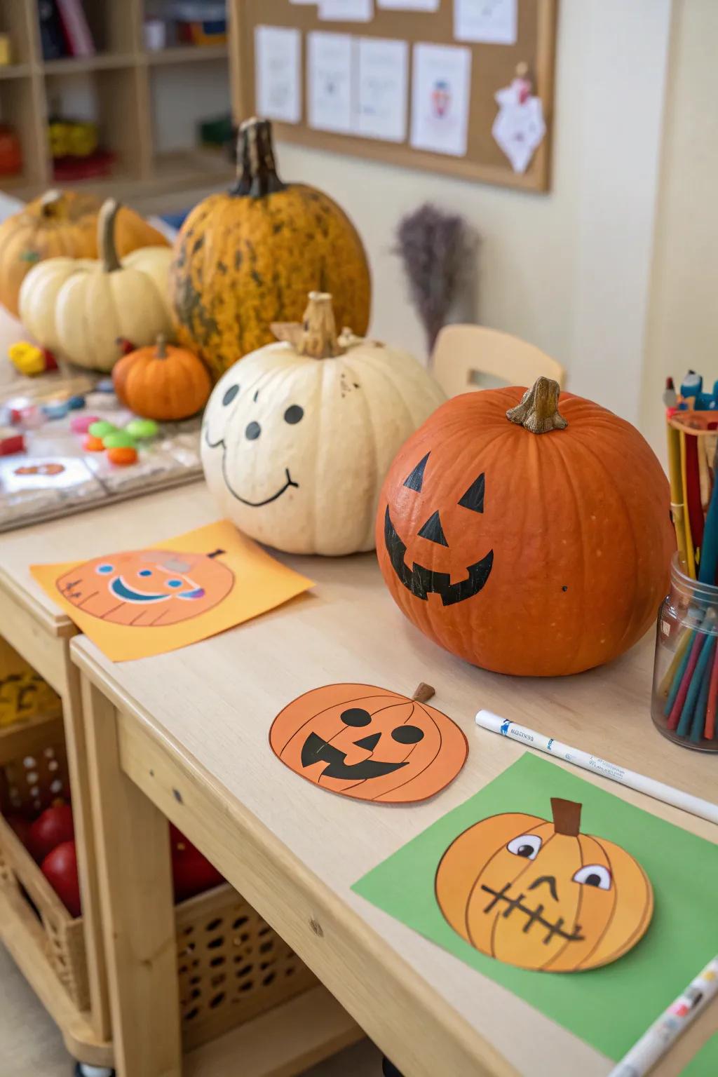 Pumpkins displaying whimsical paper-cutout faces.