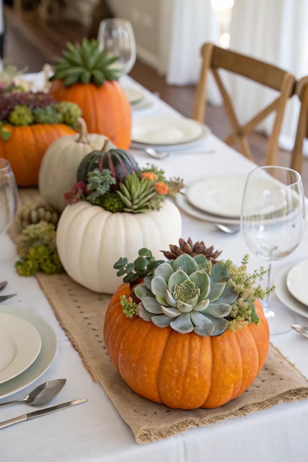 Merge nature and flair with succulent-adorned pumpkins.