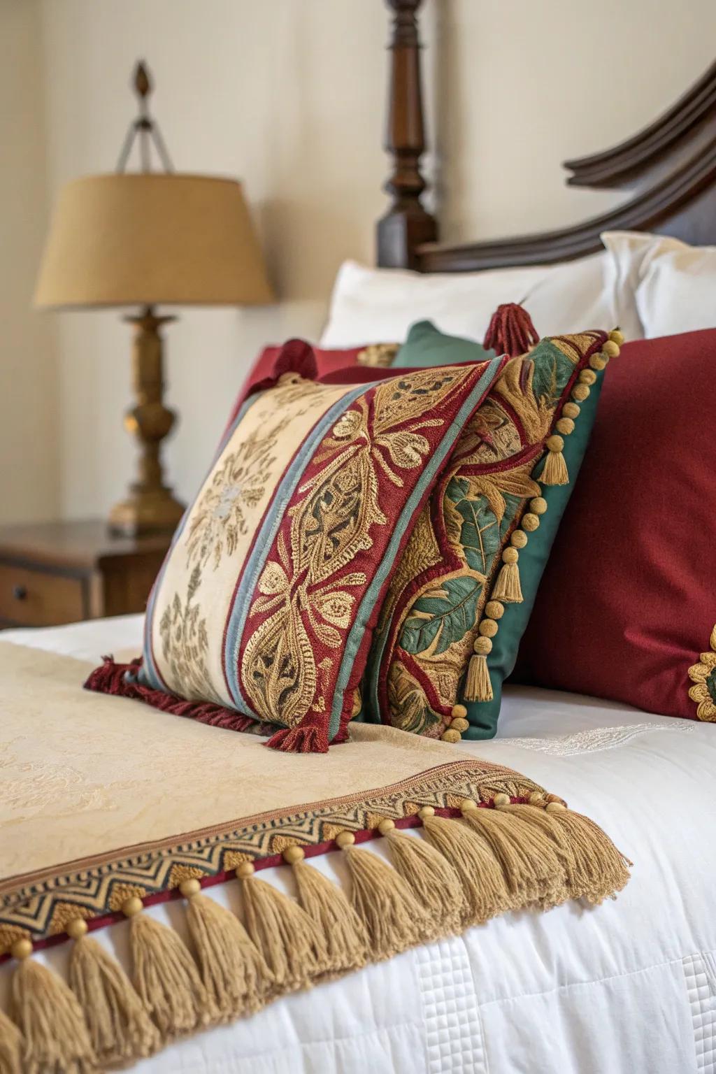 Fringes and tassels make for an interesting pillow arrangement with a bohemian flair.