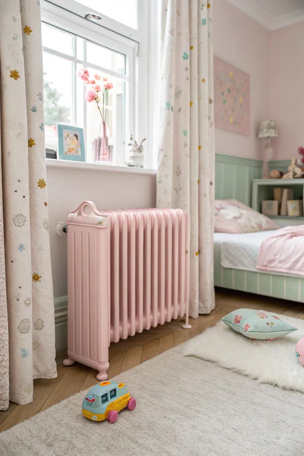 Blush radiators contribute gentle playfulness.