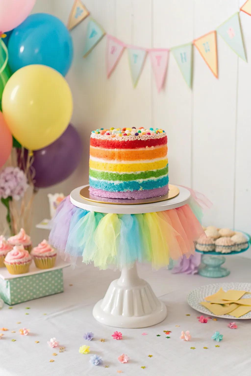 A tulle skirt confection support introduces whimsy and flair to any confection.