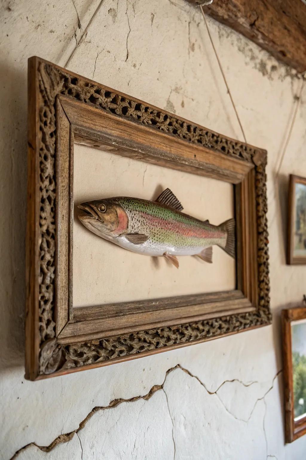 A classic-style frame lends a timeless attraction to the rainbow trout mount.