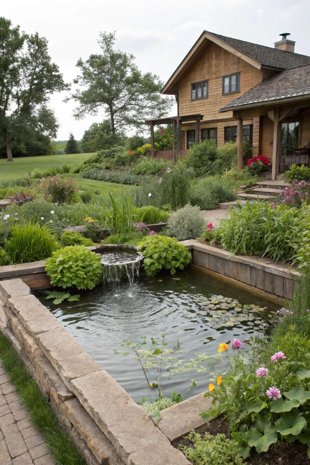 A tranquil pond with a water feature injecting serenity to a raised ranch garden.