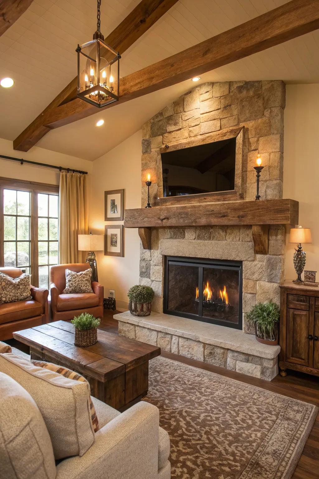 A custom mantel transforms the hearth into a cozy focal point in this ranch house.