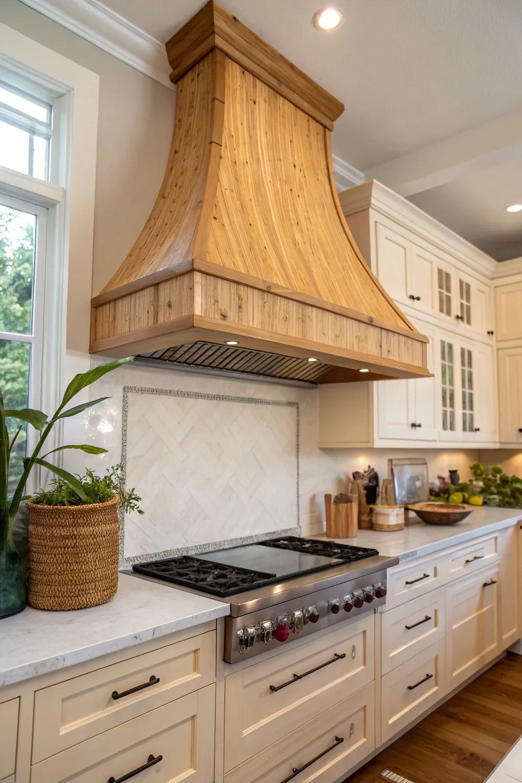 A cane range hood covering offers natural beauty and sustainability.