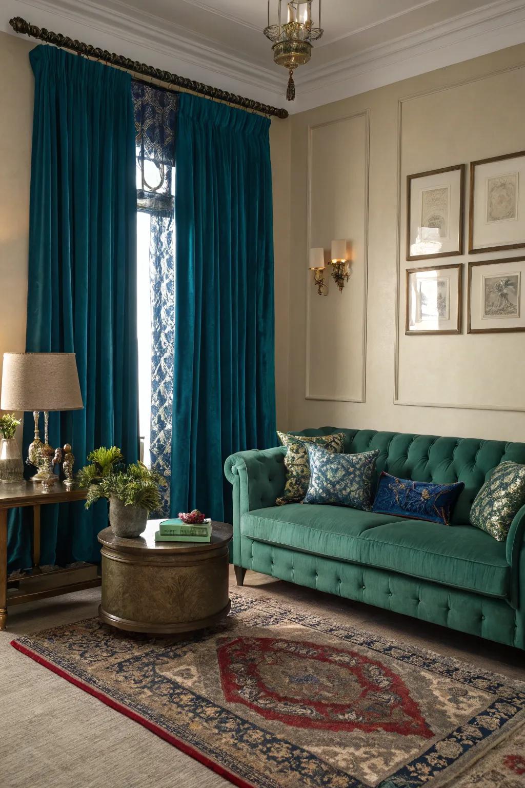 A sophisticated and elegant living room featuring jewel tones.