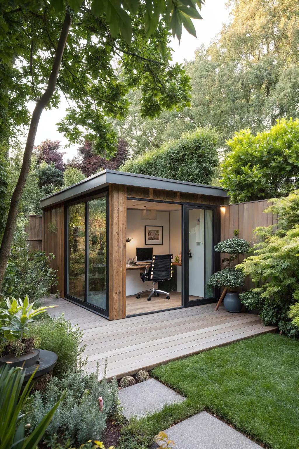A backyard workspace offers a serene escape for productive work.