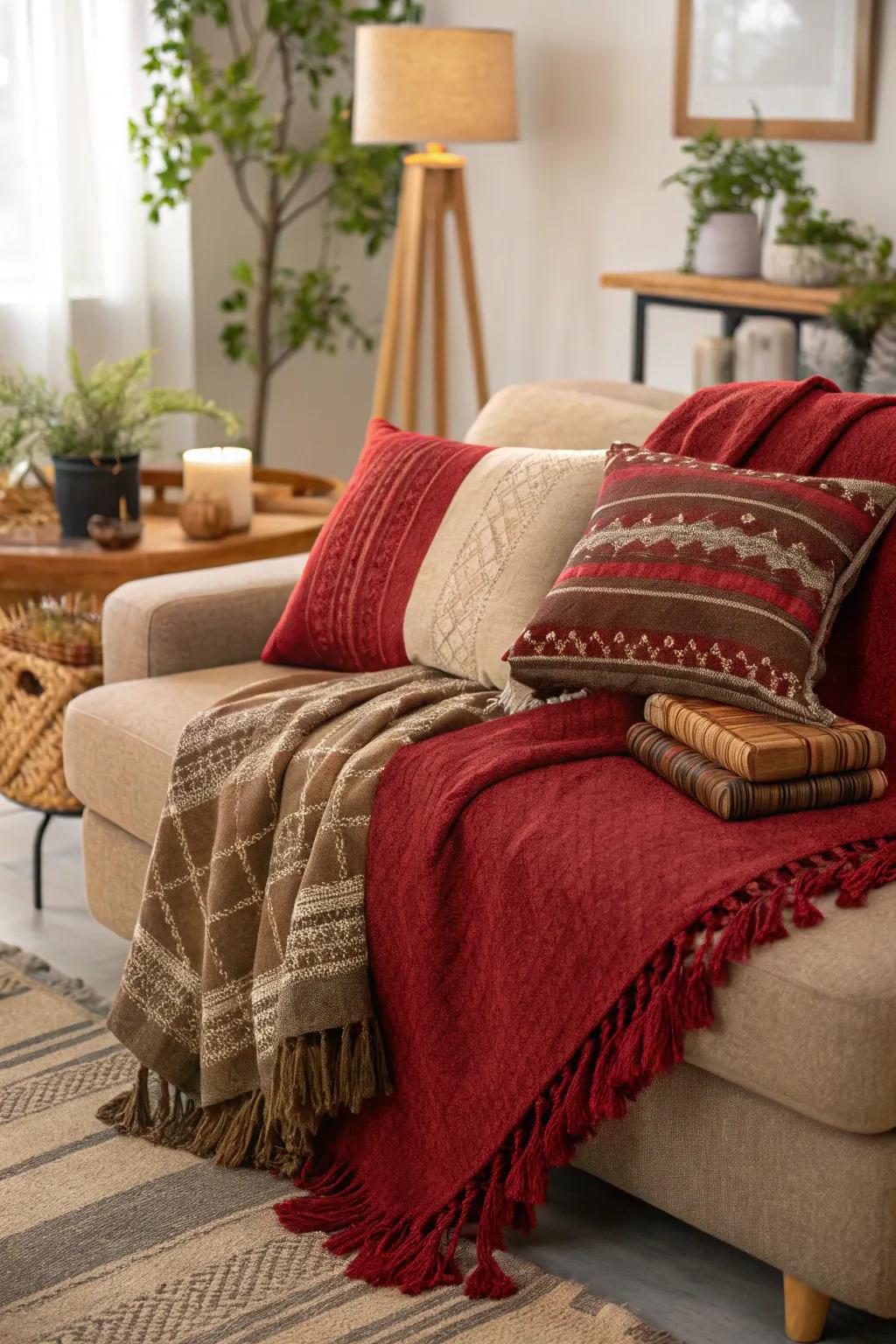 Layered cloths contribute depth and warmth to a living room.