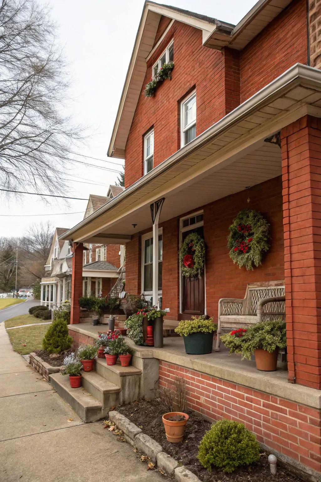 Seasonal decor enhancing the charm of this red brick home.