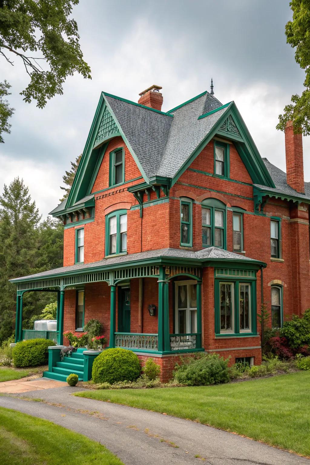 Emerald green trim adds a touch of glamour to red brick homes.