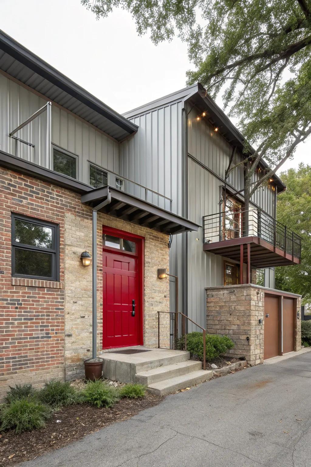 Industrial home with a crimson door, adding warmth to the edgy design.