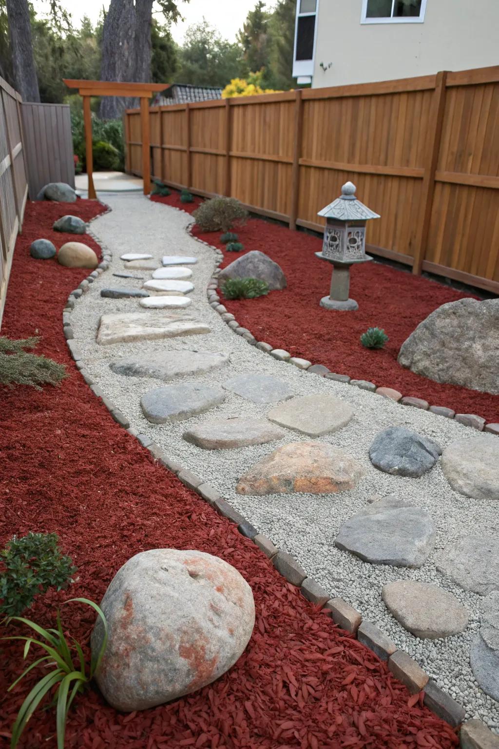 Vibrant mulch helps create a serene Zen garden corner for relaxation.