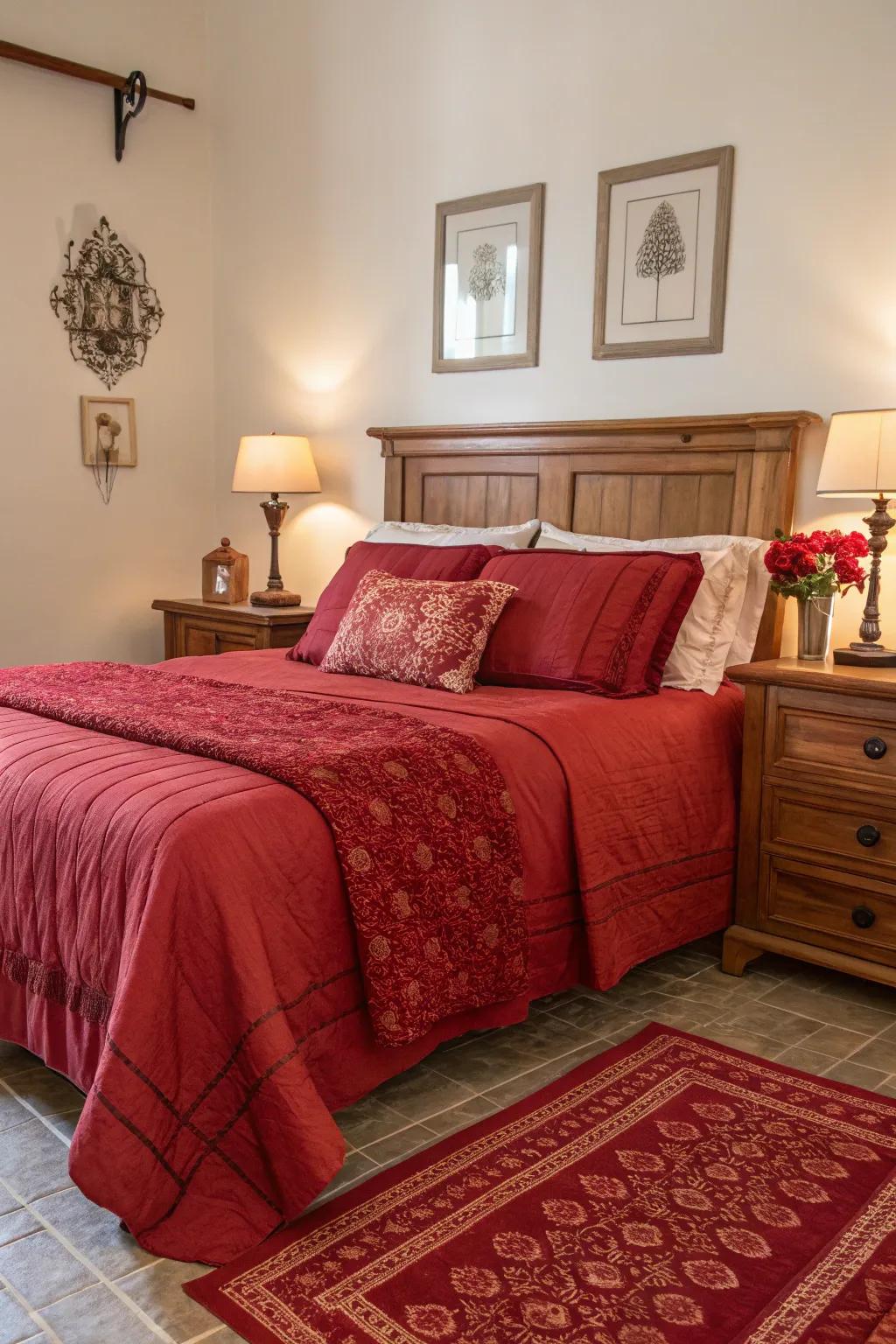 Rouge bedding introduces warmth and a pop of color to this inviting bedroom.