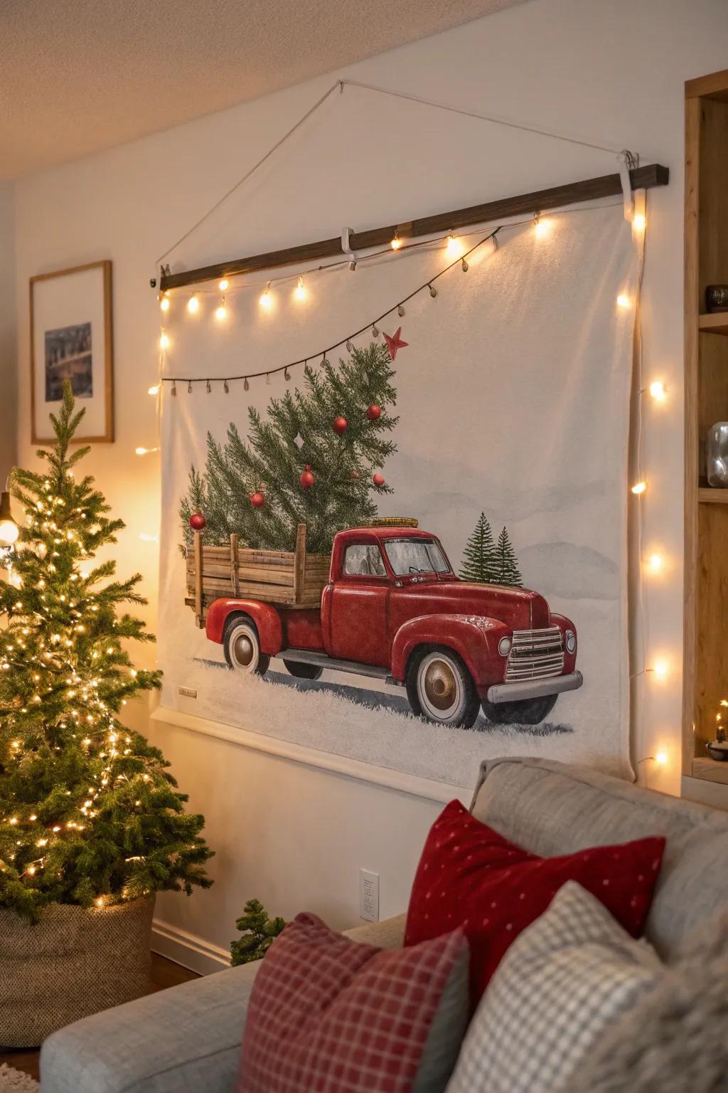 Celebratory wall artwork showcasing a crimson pickup and Christmas fir.