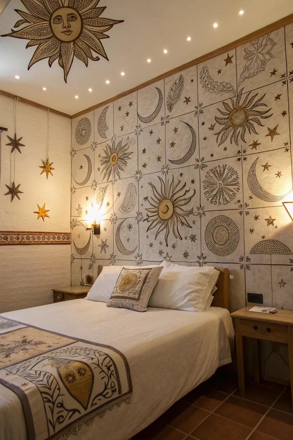 Celestial textured tiles fashion a dreamy bedroom atmosphere.