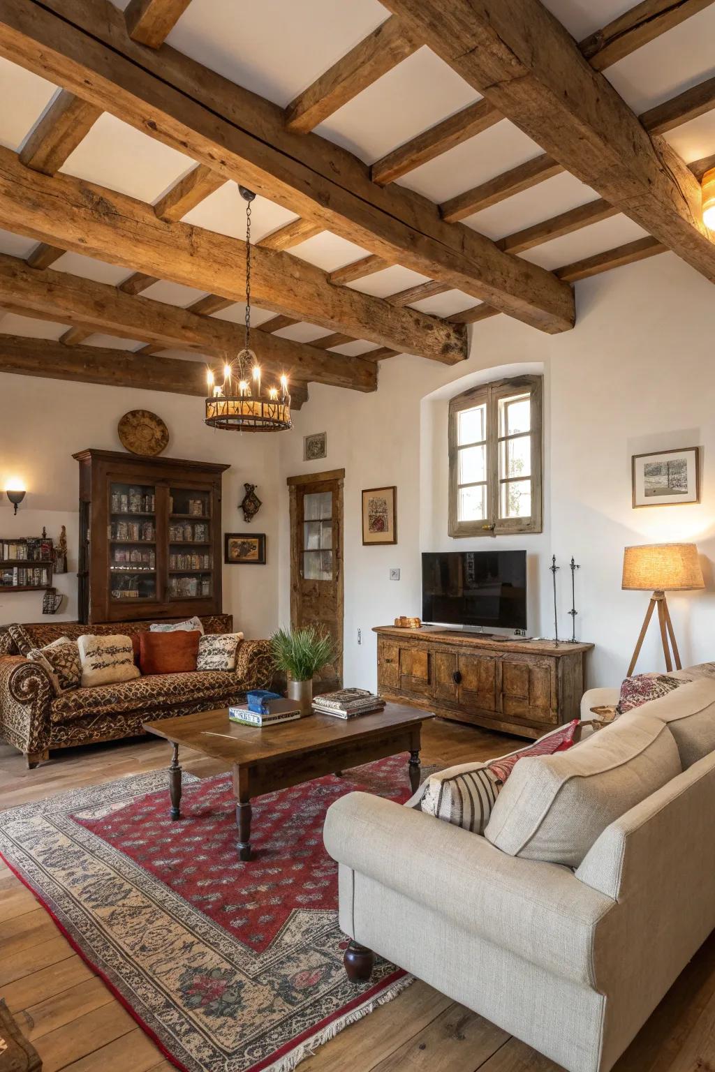 A room highlighting architectural beauty with exposed beams.