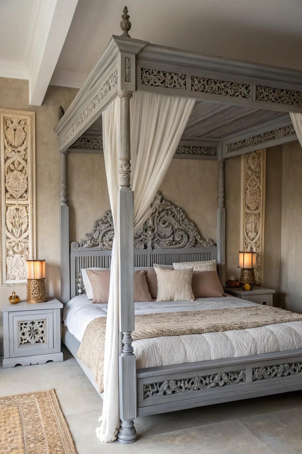 A distinctive bedframe becomes the focal point of a repose gray bedroom.