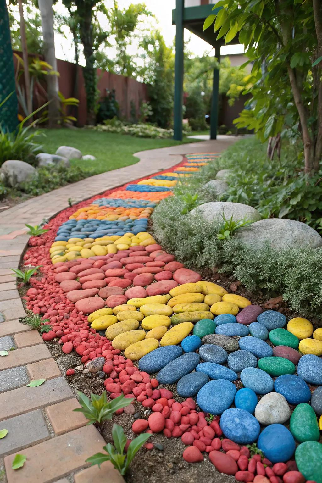 Vibrant shingle crafts a whimsical, lively garden edge.