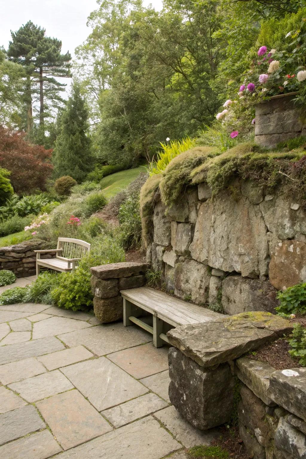 Integrated seating with stone structures offers functionality and charm.