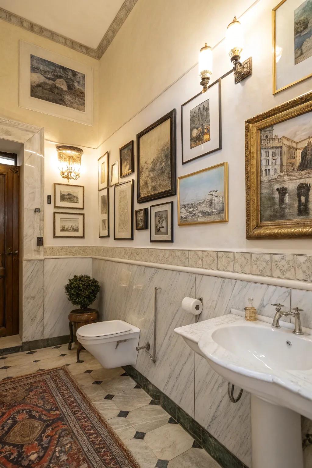 A display partition contributes persona and allure to this graceful washroom.