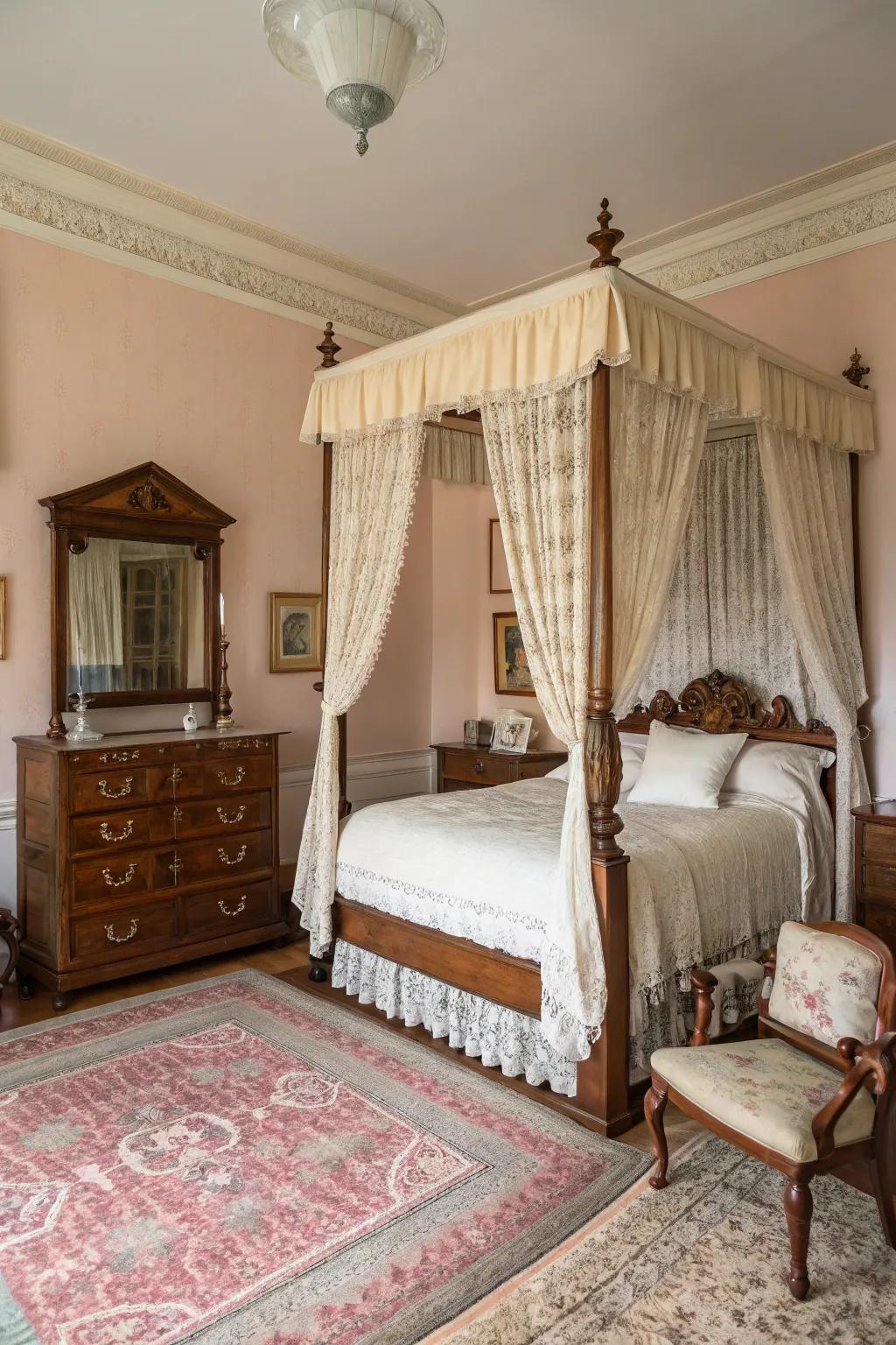 Antique pieces contribute character and a sensation of history to this bedroom.