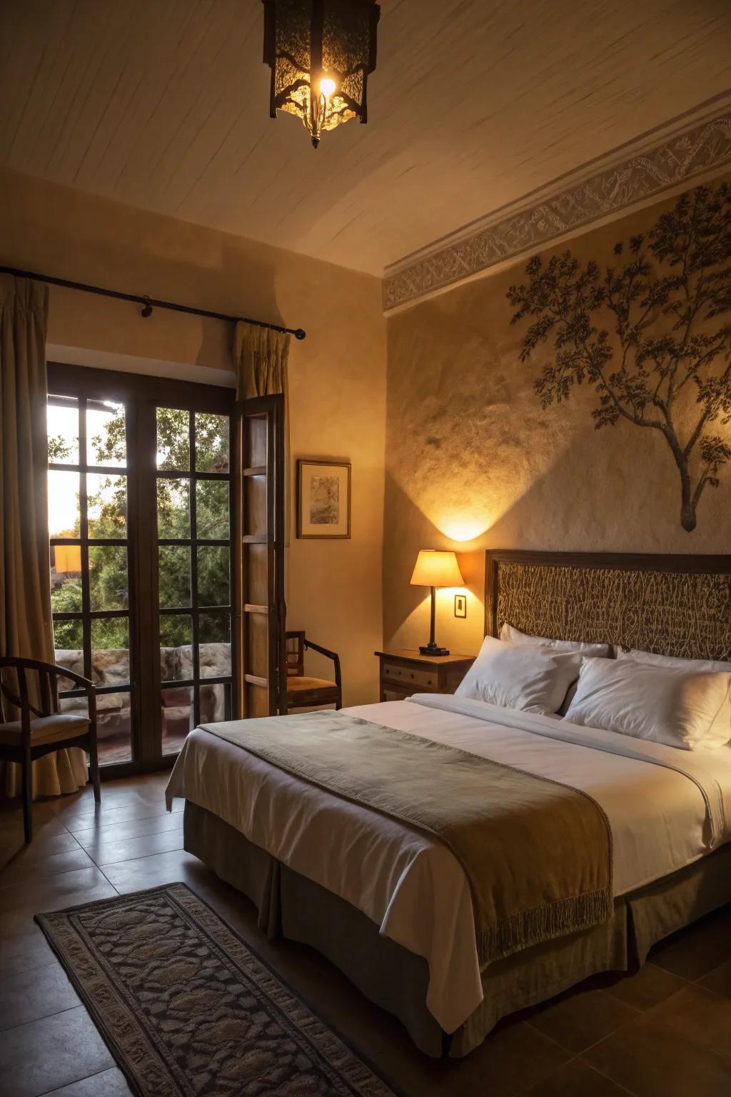 Deep shadows and subtle lighting craft a personal sanctuary within the boudoir.