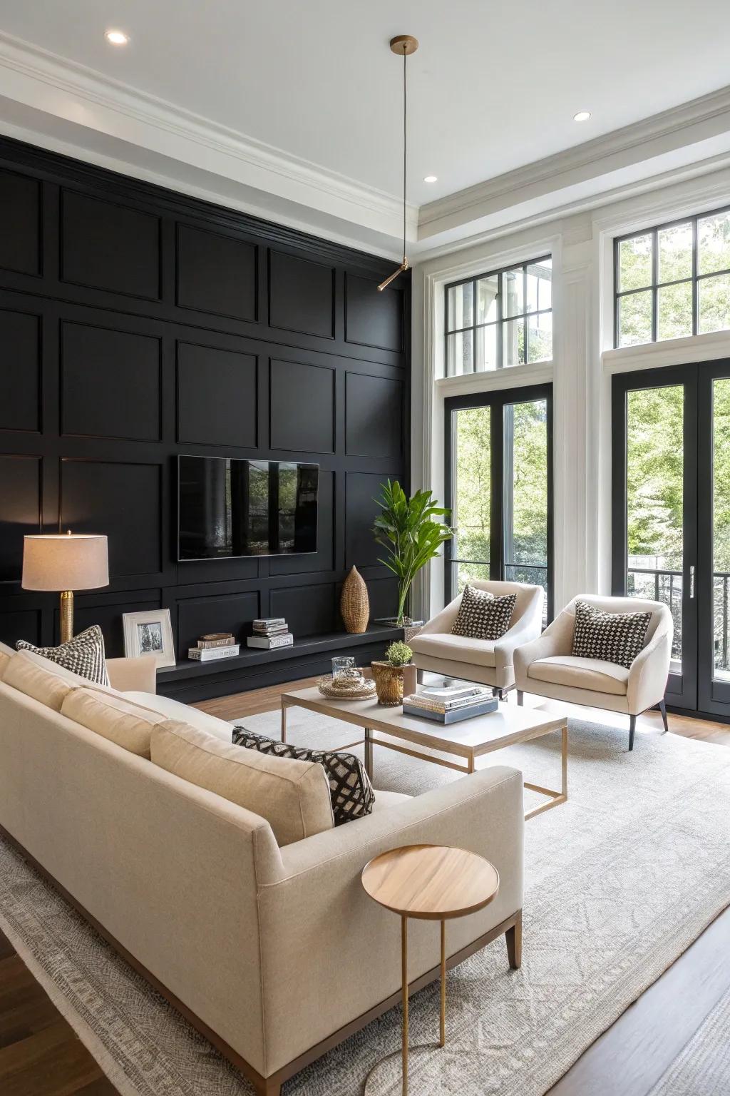 A chic living room featuring a black feature wall and modern elegance, crafting a space of striking contrast and refined beauty.