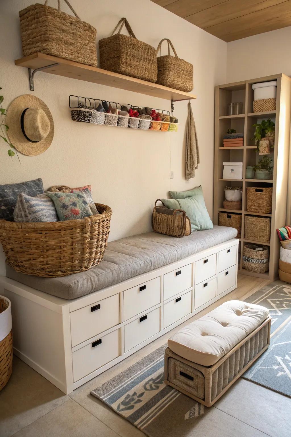 A stylish room featuring smart and inventive storage options.