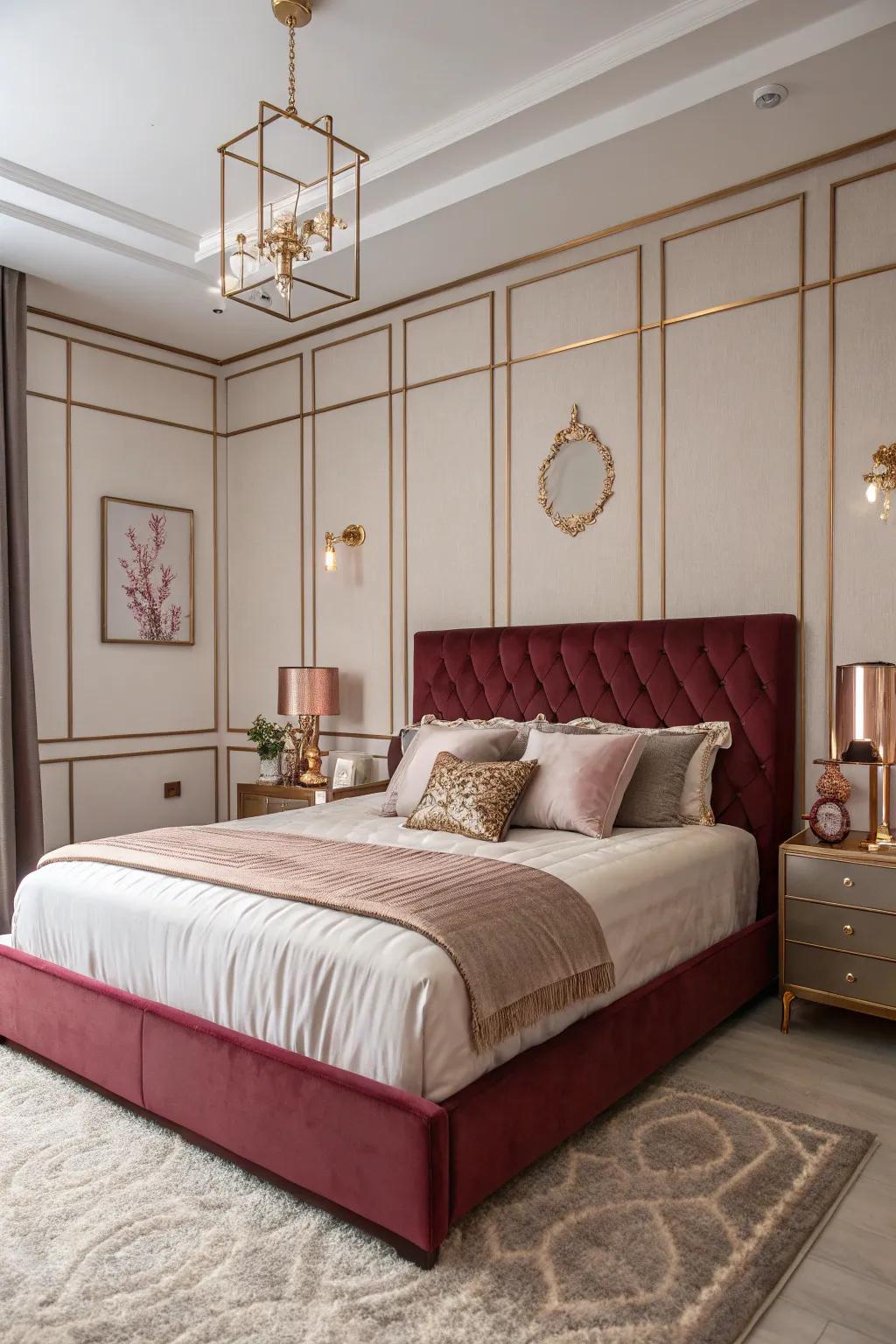 A wine-dark bed frame serves as a vibrant centerpiece in the bedroom.