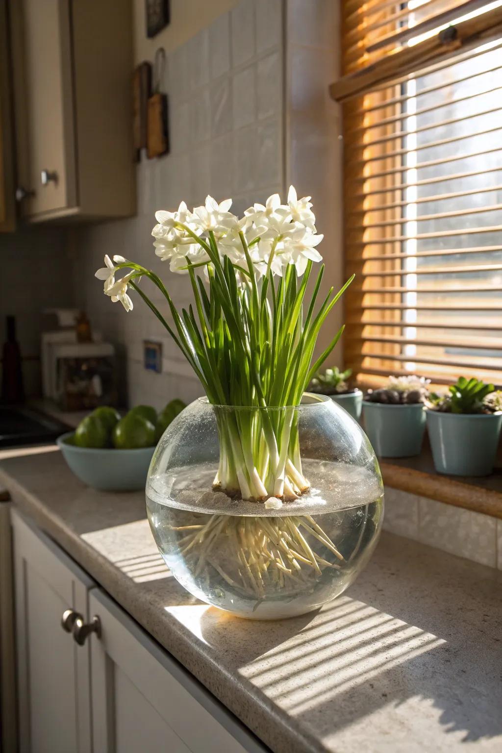 Paperwhites situated in a glass bowl contribute a fantastical and sophisticated aspect.