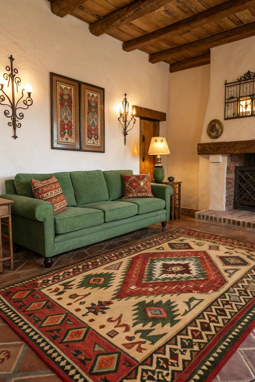 Southwestern rugs convey warmth and cultural charm.