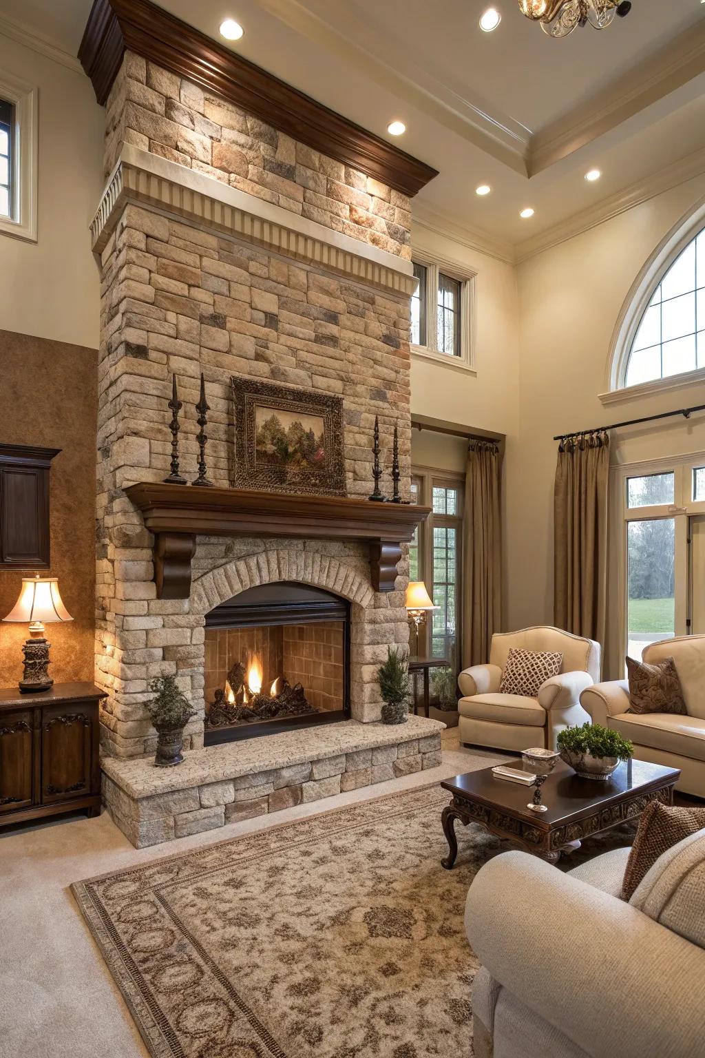 Your brick fireplace gains depth and luxury from stonework.