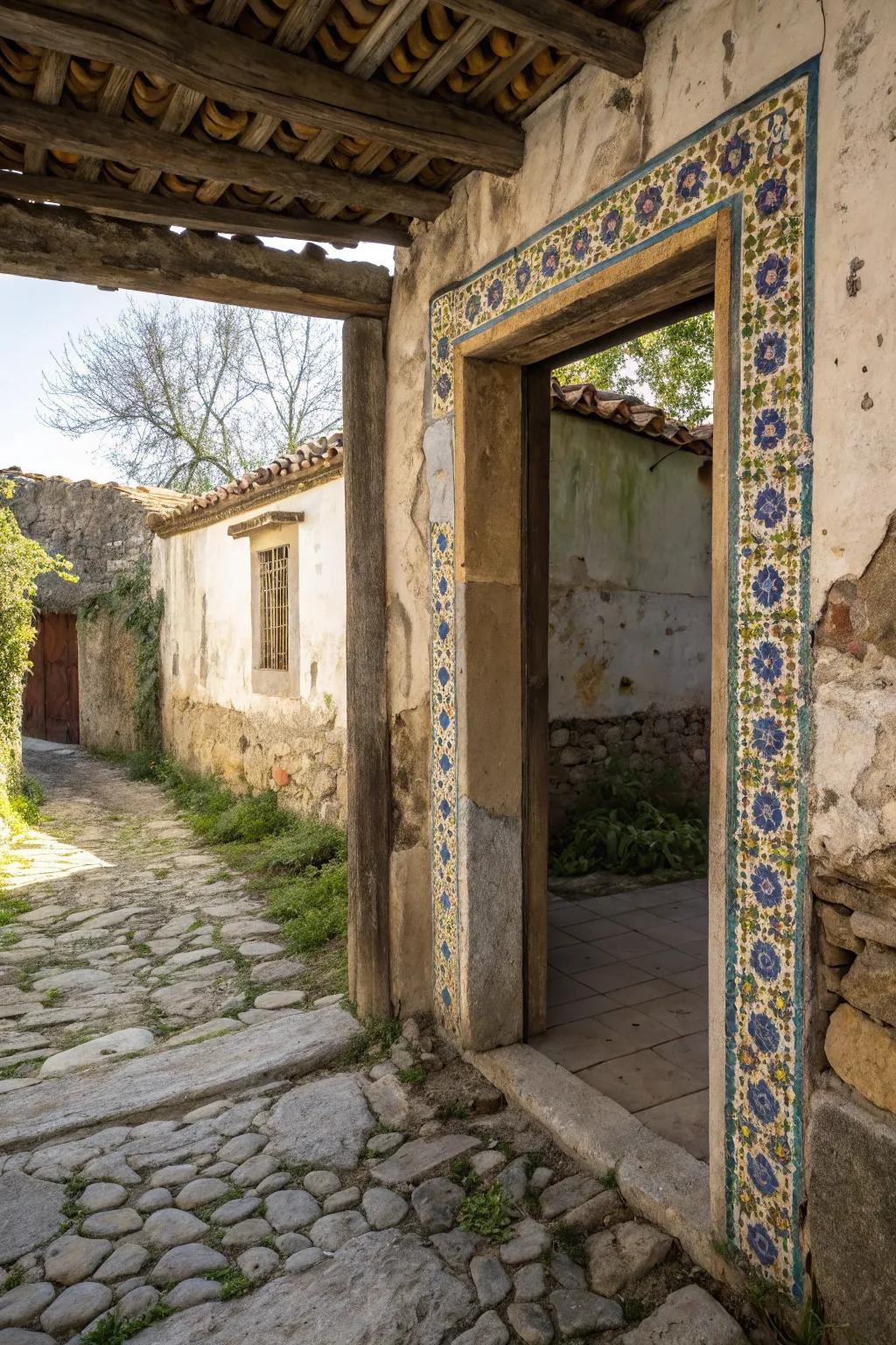 An unforeseen utilization of tiles in a door trim adds a surprising country twist.